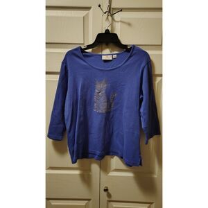 Quacker Factory Blue 3/4 Sleeve Top Rhinestone Kitty Cat Large